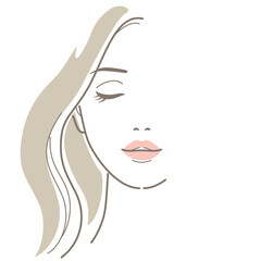 Front face of woman with eye closed. Illustration without skin color. Beauty, fashion, makeup, skincare concept. Vector illustration in line drawing, isolated on white background.