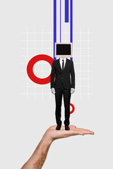 Creative trend collage of hand hold businessman monitor computer internet remote office worker...