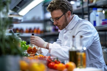 Portrait of a food scientist developing new recipes in a test kitchen, high quality photo, photorealistic, creative environment, bright lighting,