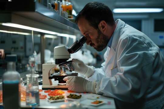 Portrait of a microbiologist examining food samples under a microscope, high quality photo, photorealistic, laboratory setting, bright lighting,