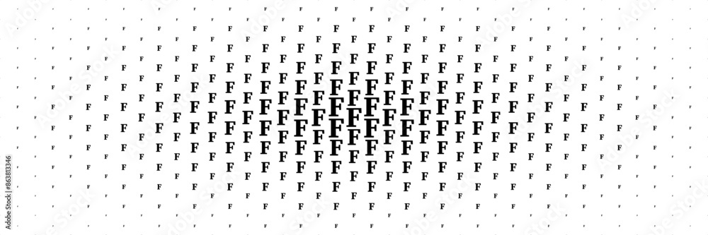 Poster horizontal halftone of black capital letter f spreading from center for pattern and background.