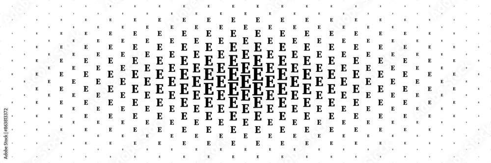 Poster horizontal halftone of black capital letter e spreading from center for pattern and background.