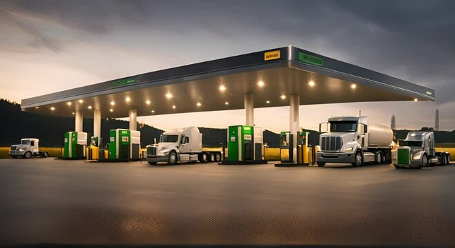 Biofuel filling station with trucks at night