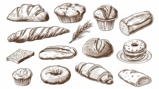 Icons of bread, bakery sketch and pastry, baked food. Marcato bread, baguette, croissant and wheat grain patisserie, rye loaf, bagel and pita, toast bun, cake, cupcake, and ciabatta bread.