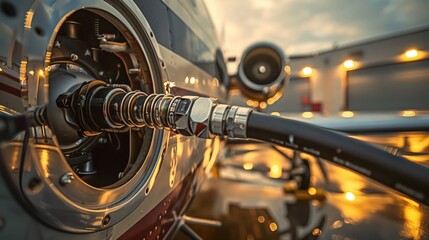Aircraft refueling close-up in evening light. Close-up of an aircraft refueling connection in the evening light, highlighting the intricate details and reflections.