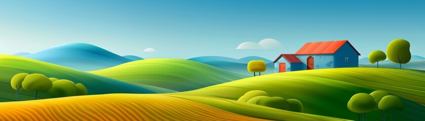 Obraz premium cartoon landscape with house on rolling hills and blue sky.