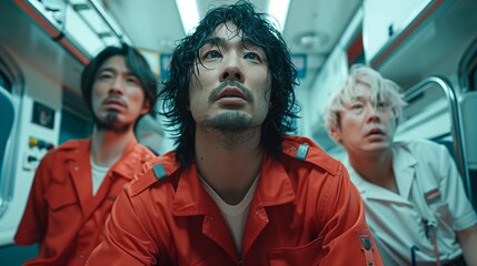 Men In Red Uniforms On Train