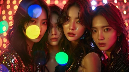 Four Women Posing With Colorful Lights