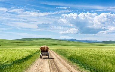 rural road leading through lush green field with hay bales and blue sky with clouds.
