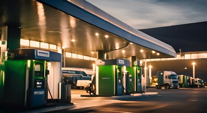 Biofuel filling station with trucks at night
