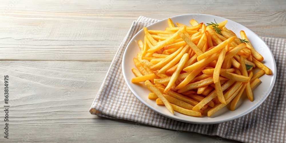 Poster Plate of crispy golden french fries , fast food, snack, fried, potato, delicious, meal, unhealthy, appetizer, salted