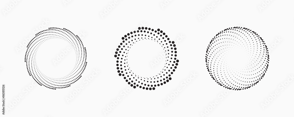 Poster set of dotted abstract shapes. circular halftone patterns. half tone design elements in geometric te