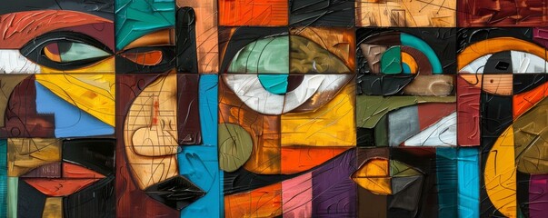 Abstract cubism painting representing people looking with hope for the future