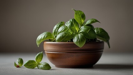Fototapeta premium Fresh Basil in Wooden Bowl