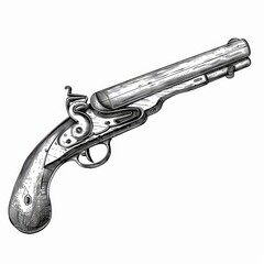 This monochrome sketch icon depicts a retro handgun of a pirates or cowboys, or a pistol of a duel soldier. A modern firelock musket from the marines, a steampunk pistol or a flintlock pistol, which
