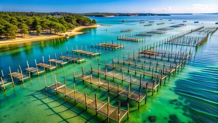 Scenic aerial view of Cap Ferret's oyster farming waters, with wooden stakes and nets amidst turquoise Mediterranean sea.