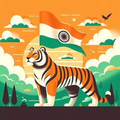 Tiger against the backdrop of a waving Indian flag.