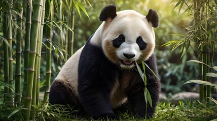 Obraz premium panda eating bamboo
