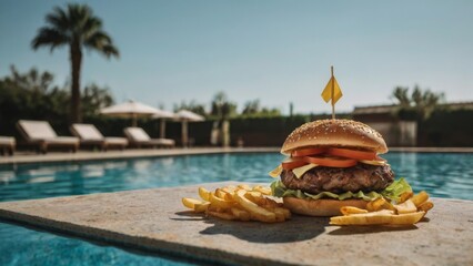 Obraz premium Burger and Fries by the Pool