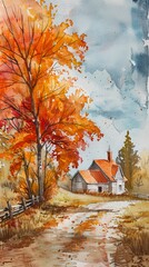 Watercolor painting showing countryside landscape with farmhouse and orange foliage