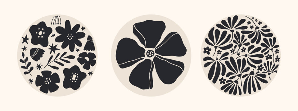 Abstract groovy floral posters. Modern trendy Matisse minimal style. Hand drawn round shape design for wallpaper, wall decor, print, postcard, cover, template, banner.