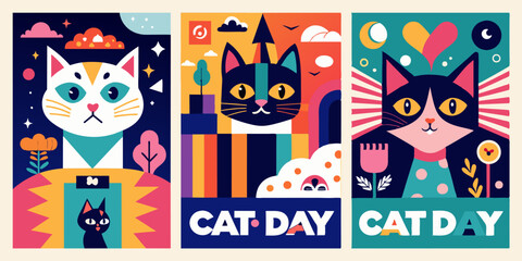 Three posters for cat day with keywords on cat breeds and photography. Create a collection of three posters to celebrate Cat Day, featuring captivating photographs of various small to mediumsized cats