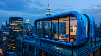 Modern building with large windows on the roof with cantilevered terraces. House design with a stylish facade. Architecture concept.