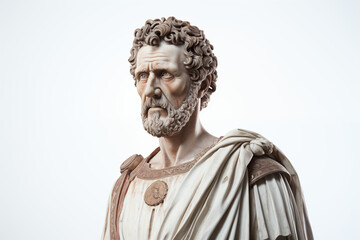 Roman bust sculpture on a white background. Topics related to ancient Rome. Roman civilization. Roman warlord. Archaeological discovery. Isolated image	
