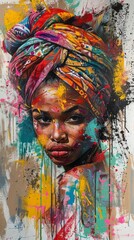 Beautiful african american woman wearing colorful headscarf with abstract paint