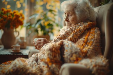 An elderly woman sits comfortably in a cozy chair, wrapped in a blanket, holding a cup of tea. She looks serene and relaxed