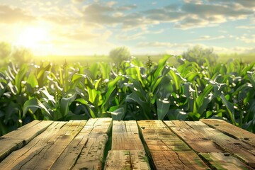 Obraz premium Sweet corn field and wooden table at Agriculture corn. 3D illustration, of free space for your texts and branding with generative ai