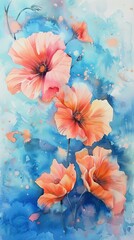 Watercolor painting showing five orange poppies blooming on blue background