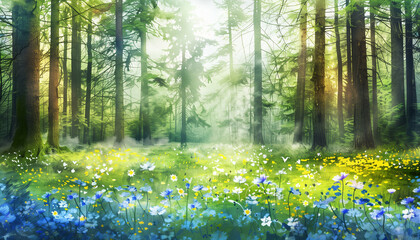 Sunlit forest meadow filled with vibrant wildflowers.