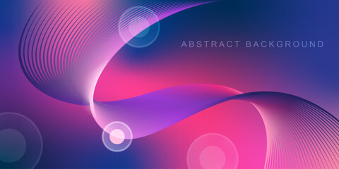 Abstract vector creative background, with glowing wave, modern lines elements, pink, purple, blue. Dynamic futuristic waves, circle elements glare, dots, neon gradient background