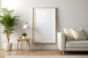 Minimalist Living Room Interior with Empty Frame and Couch.