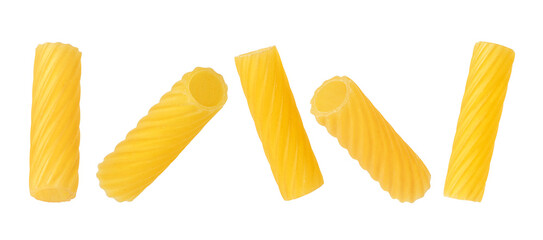 Set of tortiglioni pasta isolated on white background. Close up