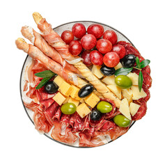 Mediterranean appetisers or antipasto. Assorted Italian food set isolated on white background