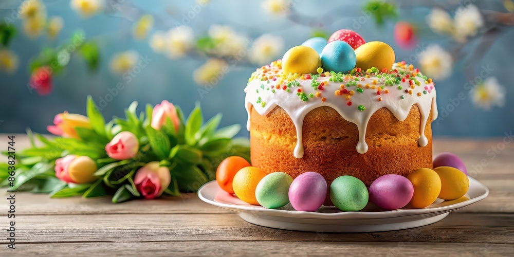 Poster Festive Easter cake surrounded by colorful eggs, easter, cake, eggs, holiday, celebration, dessert, spring, decoration