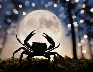 Silhouette of a crab in the forest in front of the big bright moon and shimmering night. Full moon in cancer: zodiac sign, astrology, nature concept.	