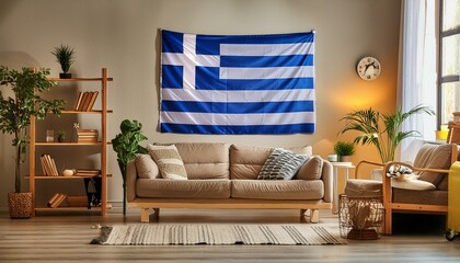 The flag of Greece hangs in the living room at home. The flag is in house.