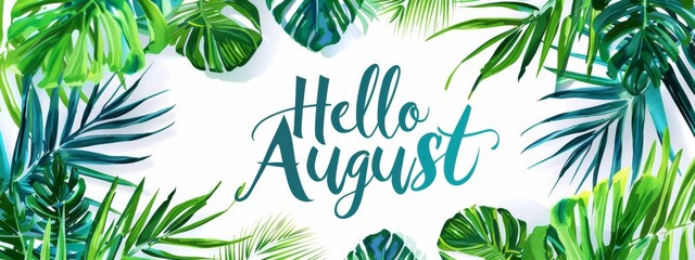 Hello August -  modern calligraphy lettering. Summer concept background, with tropical leaves and floral frame