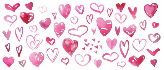 Vector hand drawn brush watercolor pink hearts set. Cute creative doodle vector elements, heart shapes with artistic aquarelle stains. Vector design collection, Valentine's Day set.