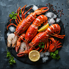 Chilled Lobster and Crab Legs with Ice and Lemon on a Dark Background