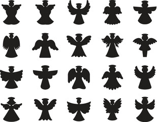Angels with wings icons Set in trendy black fill styles. Spread, Christmas vector isolated on transparent background. Holy angel sign for mobile concept and website designs. Symbol, logo illustration.