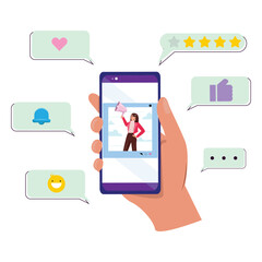 Smartphone showing a woman's social media post with a megaphone. The image is surrounded by digital interaction icons, including likes, comments, notifications and star ratings