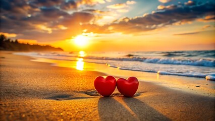Fototapeta premium Two Red Hearts on a Sandy Beach at Sunset.