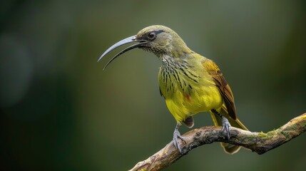 Fototapeta premium Bird perches with long curved beak Streaked Spiderhunter captured on branch