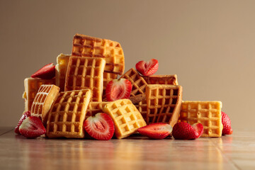Belgian waffles with strawberries on a beige background.