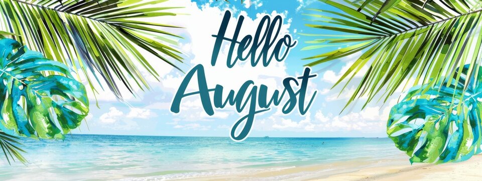 Hello August -  modern calligraphy lettering. Summer concept background, with tropical leaves and floral frame