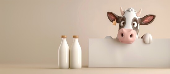 Cute Cartoon Cow with Milk Bottles on Beige Background - Dairy Product Concept Illustration